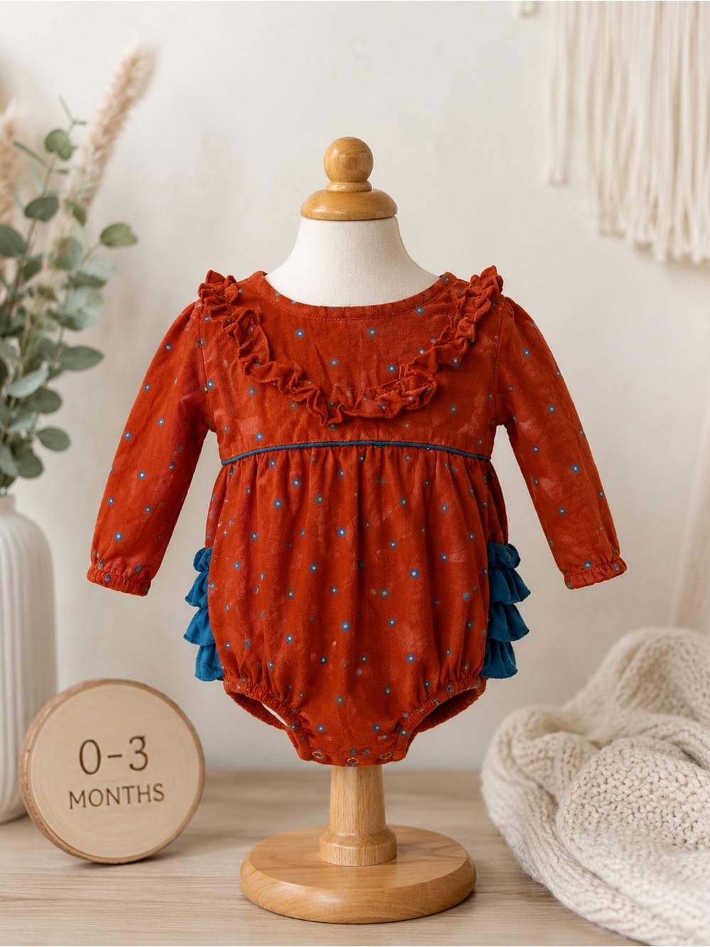 Ruffle Butts 0-3M Rust One-Piece with Blue Dot Ruffles